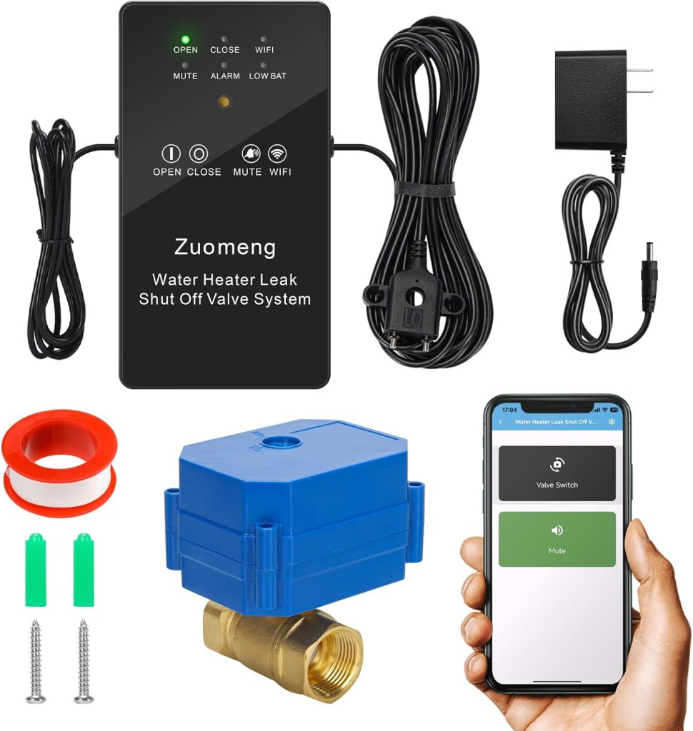 WiFi Water Leak Detector with Automatic Shutoff Valve,Zuomeng Smart Water Heater Remote Stop Device with Leak Sensor, Leakage Alert Push, 3/4"NPT 150PSI Brass Valve, Get Rid of Water Leakage